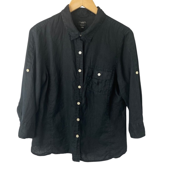 Talbots 100% Pure Irish Linen Top Womens Black Sz 1X Minimalist Roll Tab Sleeves - Picture 1 of 8